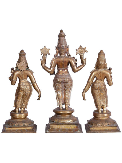 25'' Lord Perumal (Vishnu) With Sridevi And Bhudevi | Panchaloha Bronze Statue From Swamimalai