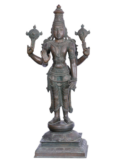 36'' Large Standing Lord Perumal (Vishnu) | Panchaloha Bronze Statue From Swamimalai