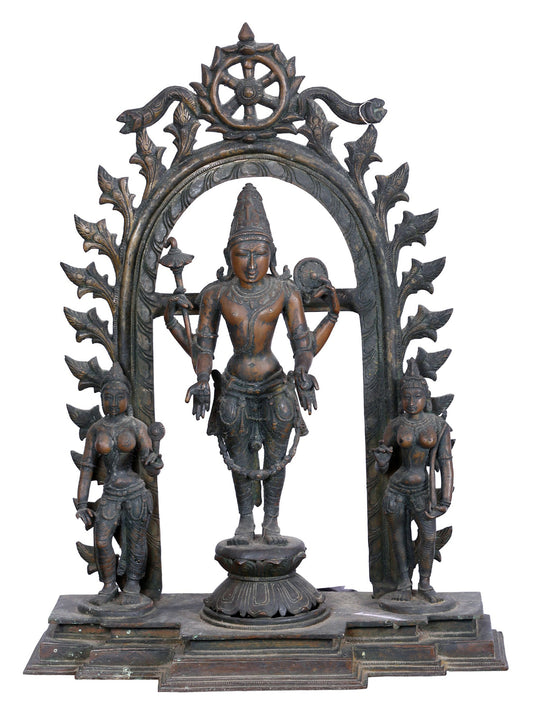 27'' Trio Of Lord Perumal With Bhudevi And Sridevi | Panchaloha Bronze Statue From Swamimalai