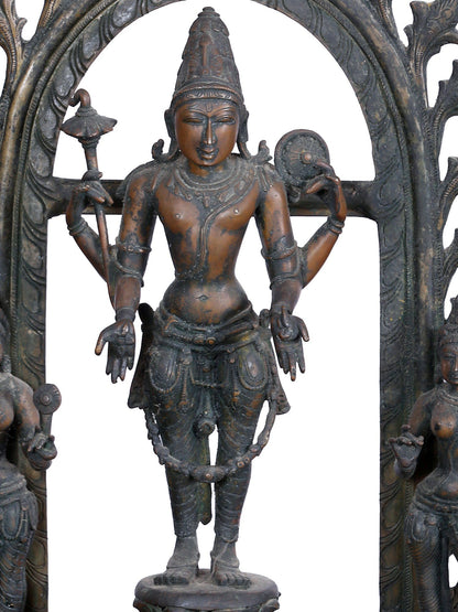 27'' Trio Of Lord Perumal With Bhudevi And Sridevi | Panchaloha Bronze Statue From Swamimalai