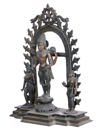 27'' Trio Of Lord Perumal With Bhudevi And Sridevi | Panchaloha Bronze Statue From Swamimalai