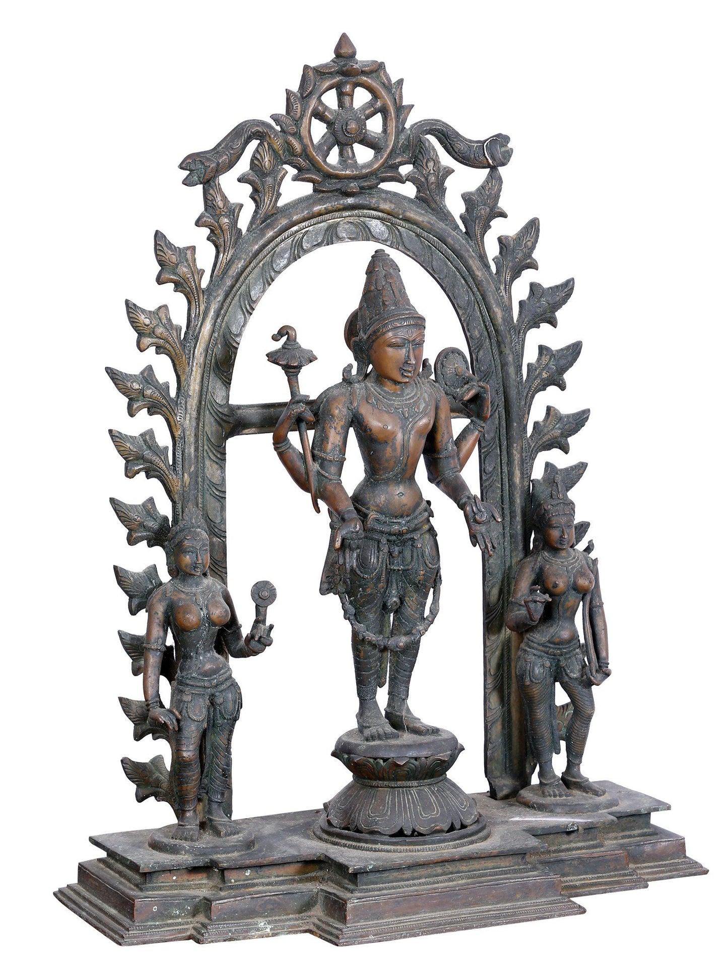 27'' Trio Of Lord Perumal With Bhudevi And Sridevi | Panchaloha Bronze Statue From Swamimalai