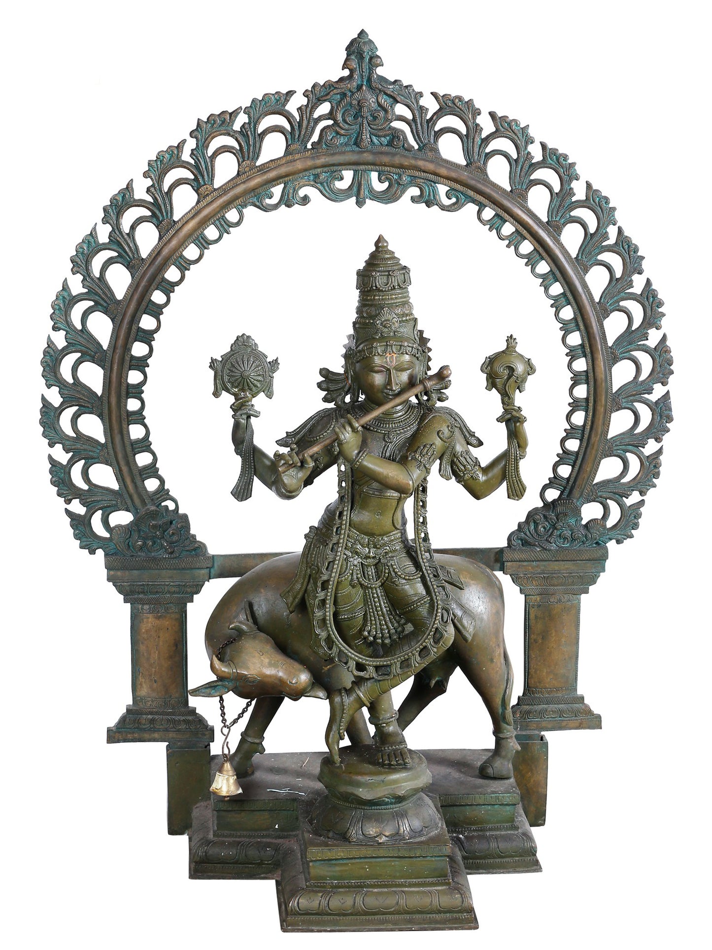 45" Lord Venugopal (Krishna) Playing Flute With Cow | Panchaloha Bronze Statue From Swamimalai