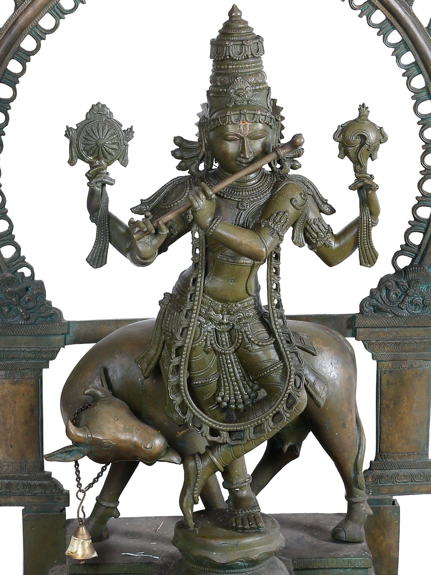 45" Lord Venugopal (Krishna) Playing Flute With Cow | Panchaloha Bronze Statue From Swamimalai