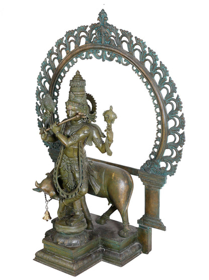 45" Lord Venugopal (Krishna) Playing Flute With Cow | Panchaloha Bronze Statue From Swamimalai