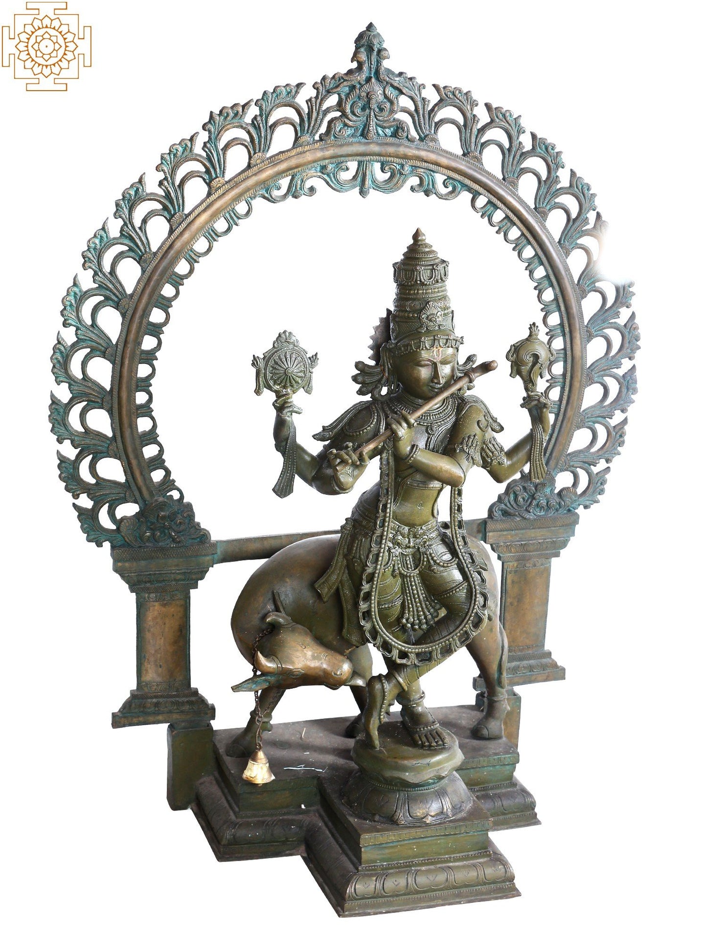 45" Lord Venugopal (Krishna) Playing Flute With Cow | Panchaloha Bronze Statue From Swamimalai