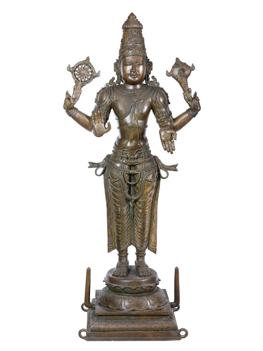 45'' Large Standing Chaturbhuja Lord Vishnu Idol | Panchaloha Bronze Statue From Swamimalai