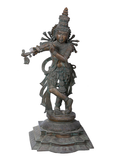 36" Large Lord Krishna Playing Flute | Panchaloha Bronze Statue From Swamimalai | Statue For Temple