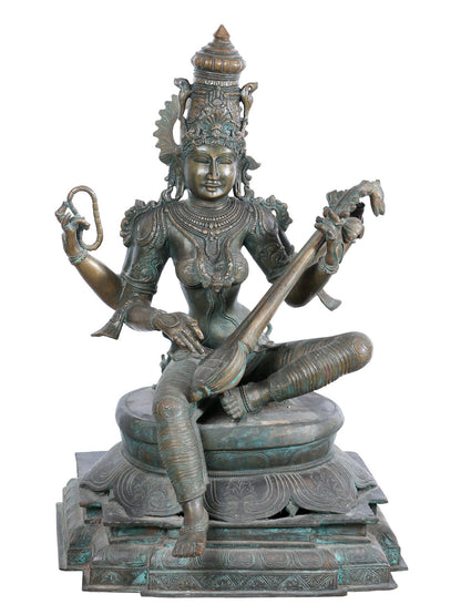 28'' Sitting Goddess Saraswati With Sitaar | Panchaloha Bronze Statue From Swamimalai