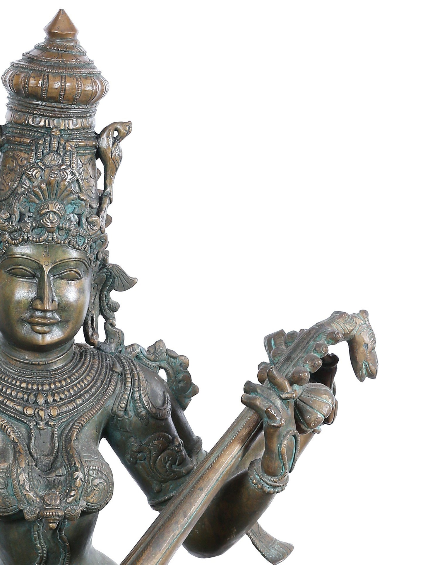 28'' Sitting Goddess Saraswati With Sitaar | Panchaloha Bronze Statue From Swamimalai