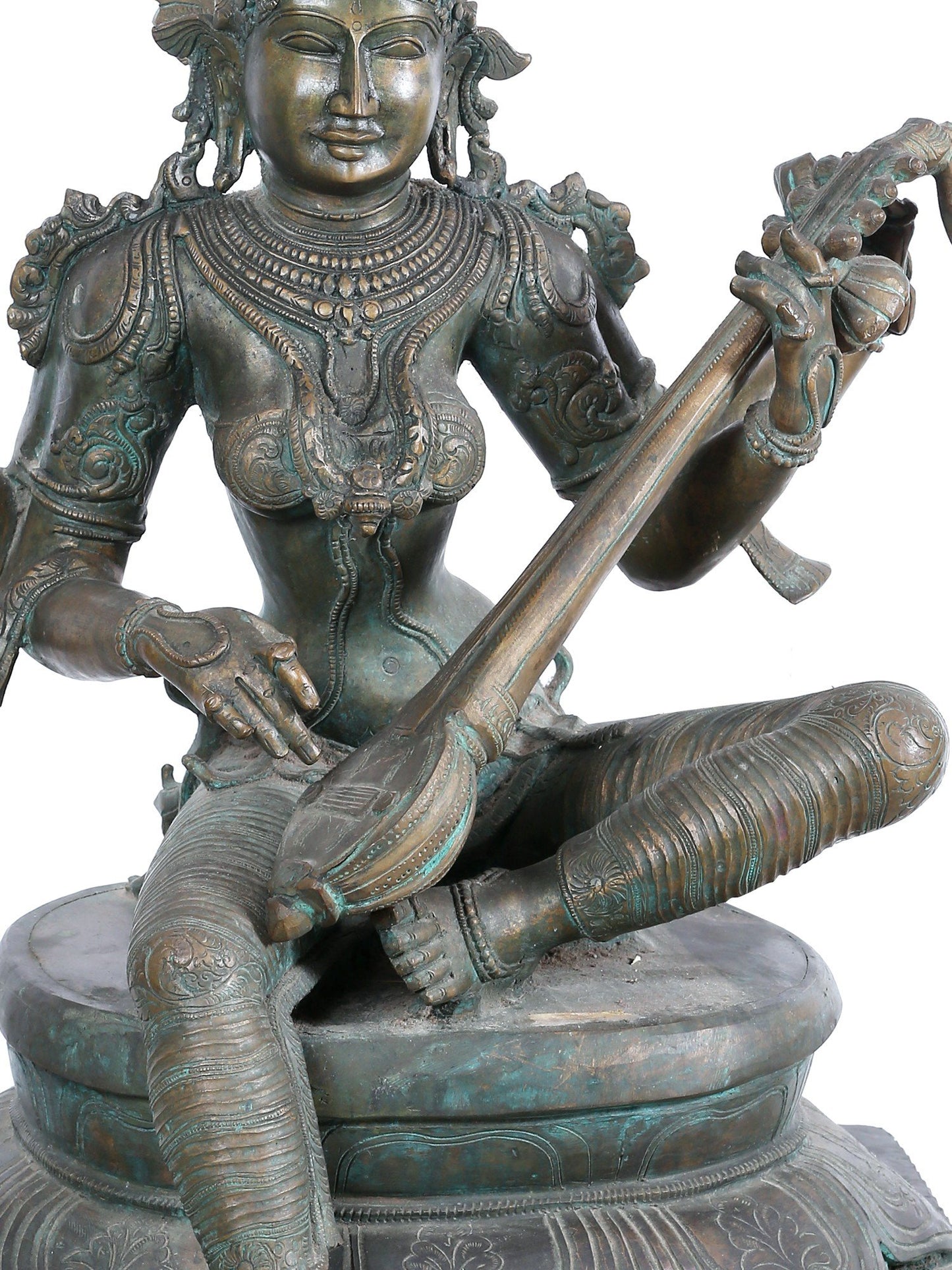 28'' Sitting Goddess Saraswati With Sitaar | Panchaloha Bronze Statue From Swamimalai