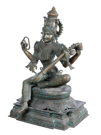 28'' Sitting Goddess Saraswati With Sitaar | Panchaloha Bronze Statue From Swamimalai