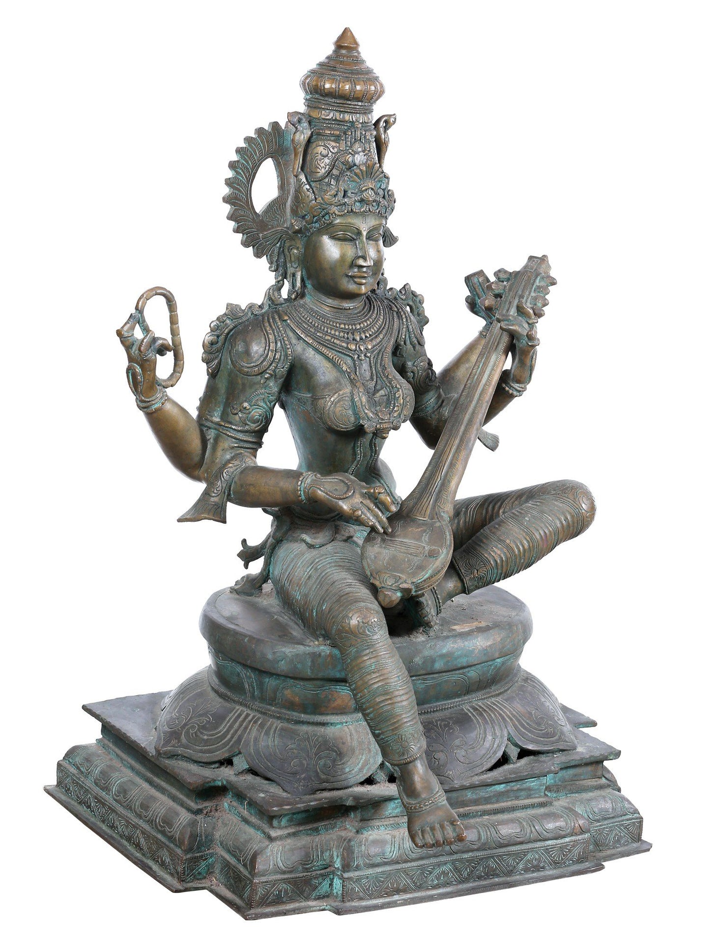 28'' Sitting Goddess Saraswati With Sitaar | Panchaloha Bronze Statue From Swamimalai