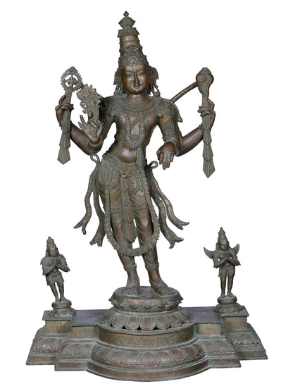 42" Large Standing Lord Perumal (Vishnu) With Garuda And Hanuman | Panchaloha Bronze Statue From Swamimalai