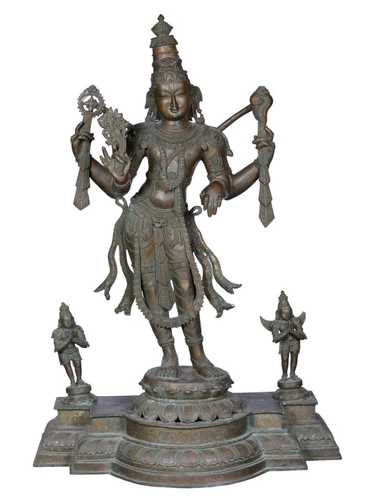 42" Large Standing Lord Perumal (Vishnu) With Garuda And Hanuman | Panchaloha Bronze Statue From Swamimalai