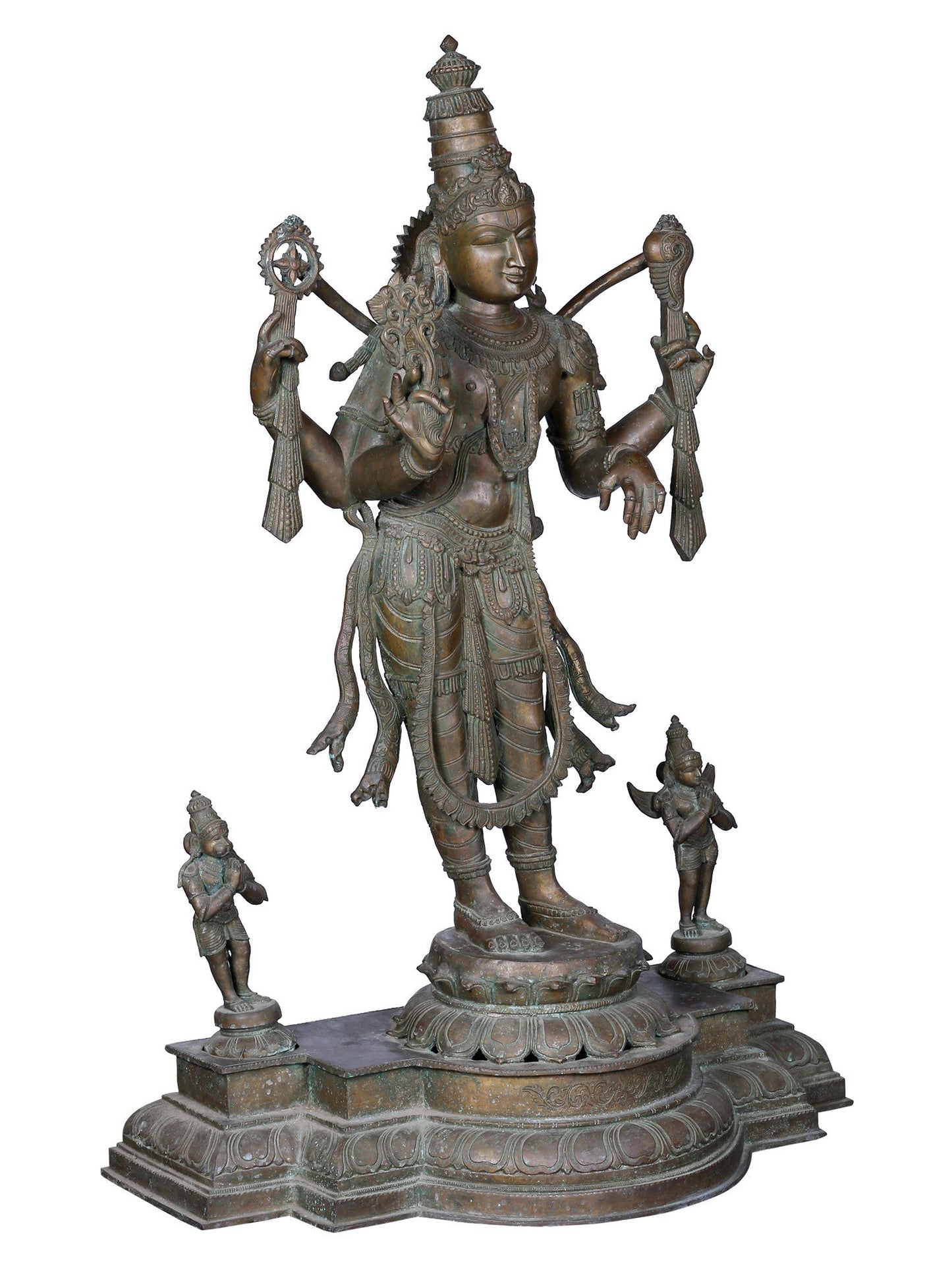 42" Large Standing Lord Perumal (Vishnu) With Garuda And Hanuman | Panchaloha Bronze Statue From Swamimalai