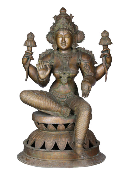 36'' Large Sitting Chaturbhuja Goddess Lakshmi | Panchaloha Bronze Statue From Swamimalai