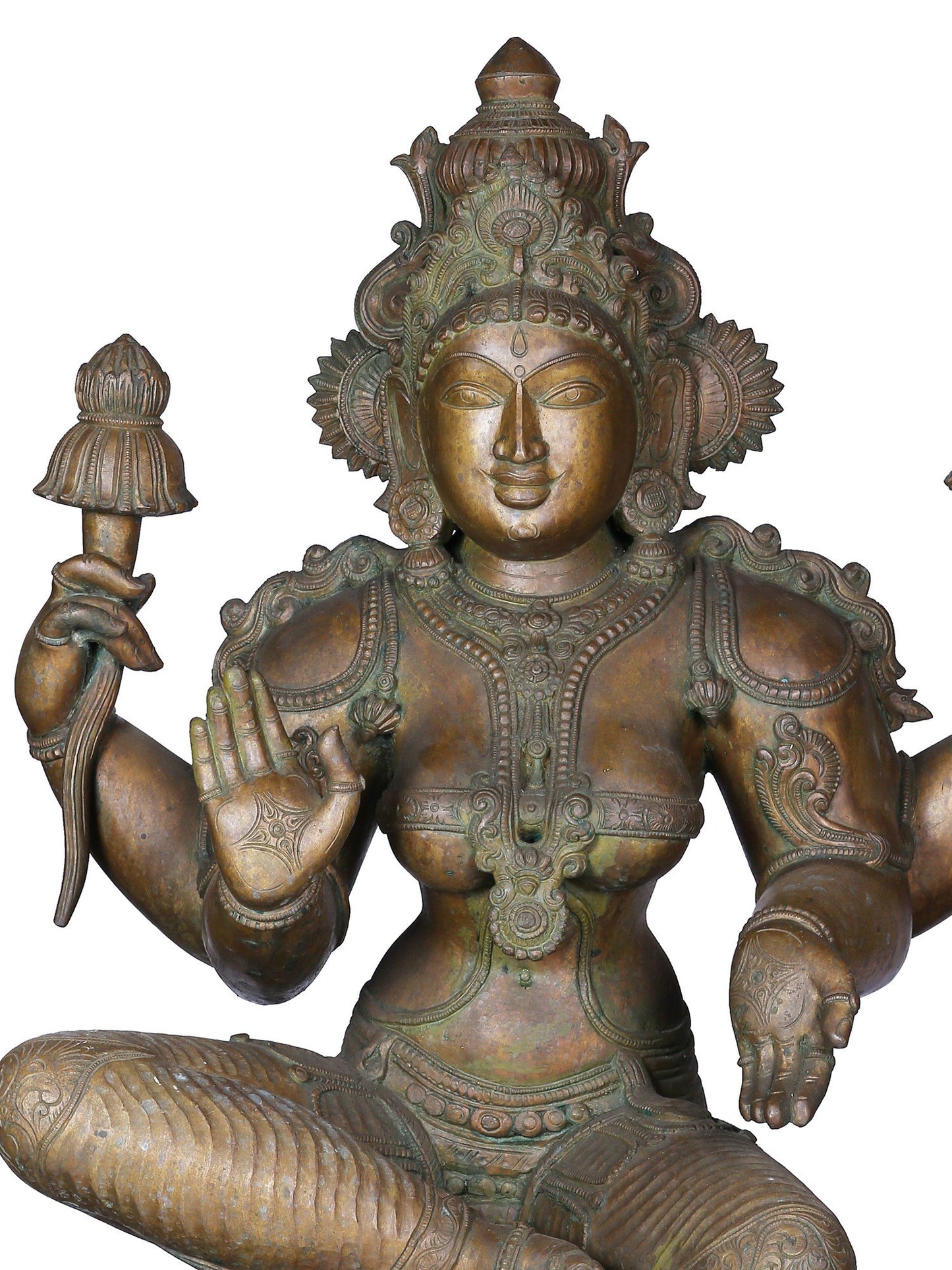 36'' Large Sitting Chaturbhuja Goddess Lakshmi | Panchaloha Bronze Statue From Swamimalai