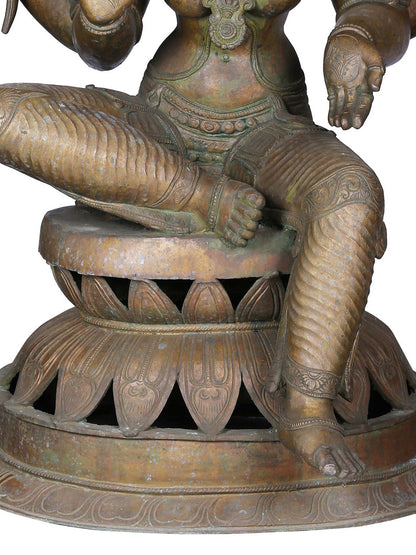 36'' Large Sitting Chaturbhuja Goddess Lakshmi | Panchaloha Bronze Statue From Swamimalai