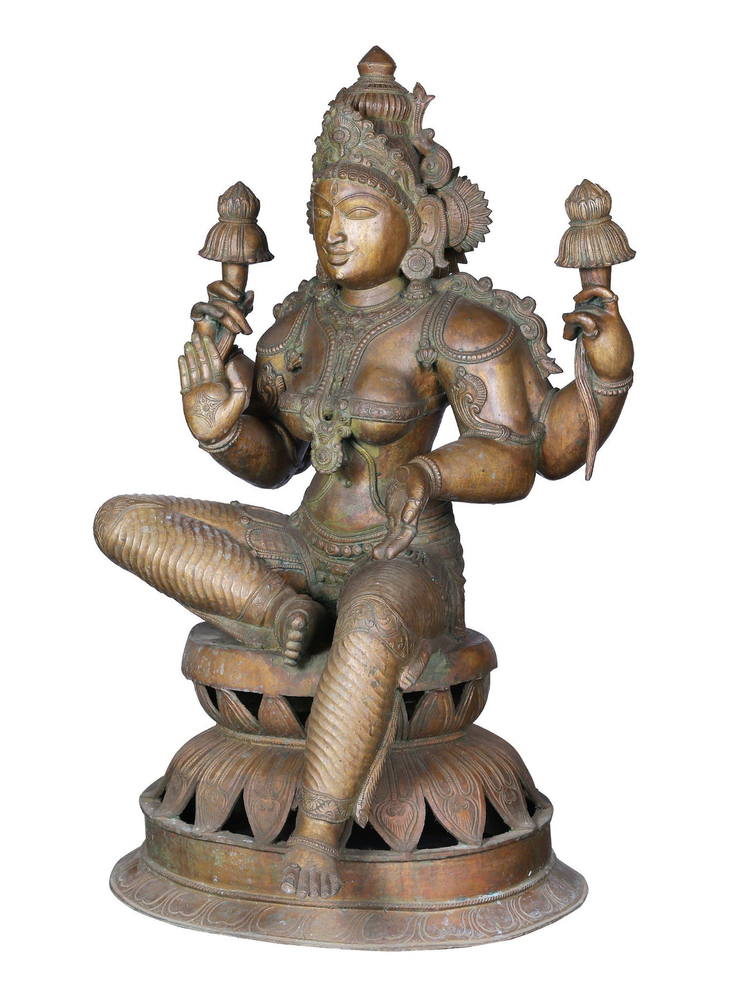 36'' Large Sitting Chaturbhuja Goddess Lakshmi | Panchaloha Bronze Statue From Swamimalai