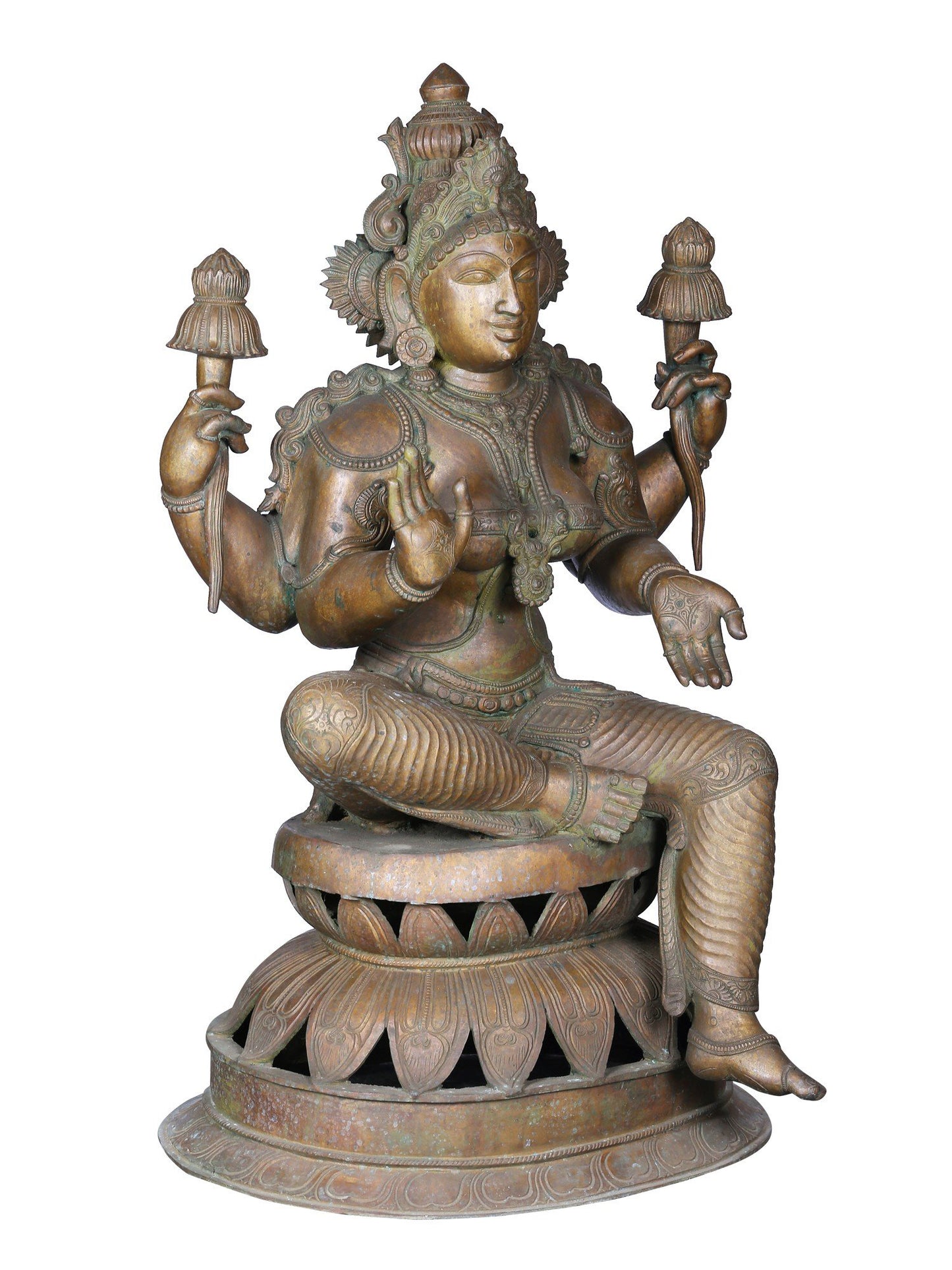 36'' Large Sitting Chaturbhuja Goddess Lakshmi | Panchaloha Bronze Statue From Swamimalai