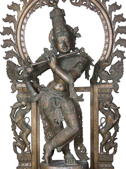 60'' Large Standing Lord Krishna | Panchaloha Bronze Statue Playing Flute For Temple