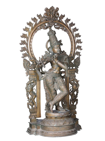 60'' Large Standing Lord Krishna | Panchaloha Bronze Statue Playing Flute For Temple