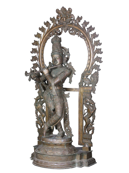 60'' Large Standing Lord Krishna | Panchaloha Bronze Statue Playing Flute For Temple