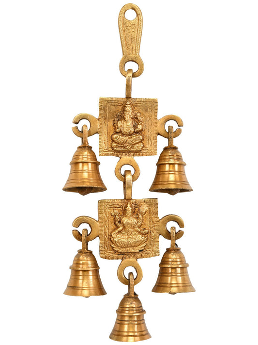 9" Lord Ganesha And Lakshmi Wall Hanging With Five Bells In Brass | Handmade Wall Decor Brass Bell For Temple