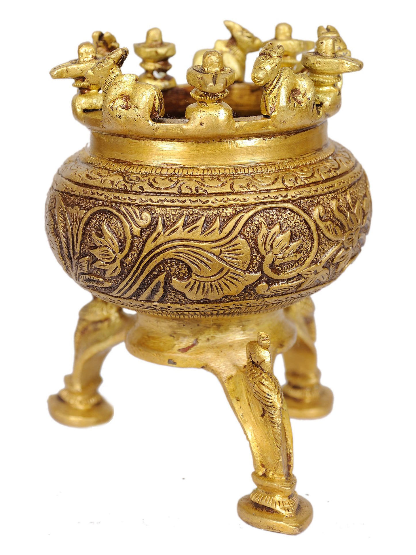 5" Incense Burner with Nandi, Shiva Linga and Peacock Legs in Brass