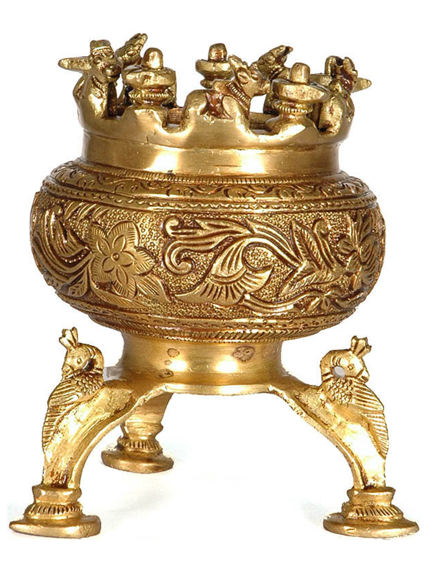 5" Incense Burner with Nandi, Shiva Linga and Peacock Legs in Brass