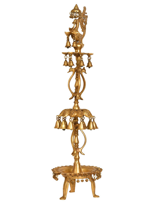 35" Attractive Mayur (Peacock) Lamp With Bells And Ghungroos In Brass | Handmade Brass Lamp For Temple