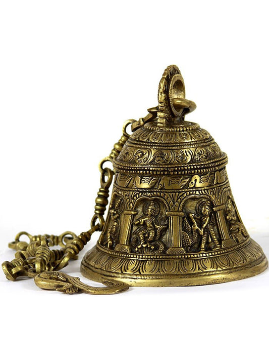 33" Shri Krishna Lila Hanging Bell With Chain In Brass | Handmade Brass Bell For Temple