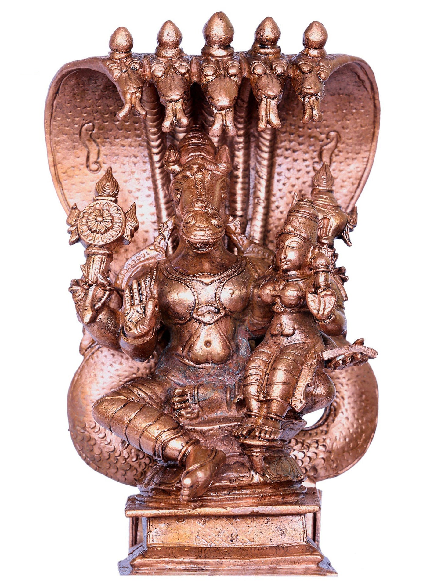 6" Hayagriva Bronze Statue With Devi Lakshmi Seated On Sheshnag Throne