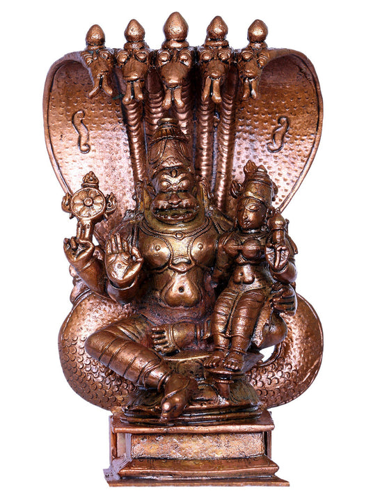 6" Bronze Narasimha Atarara Of Lord Vishnu With Devi Lakshmi Seated On Sheshnag Throne