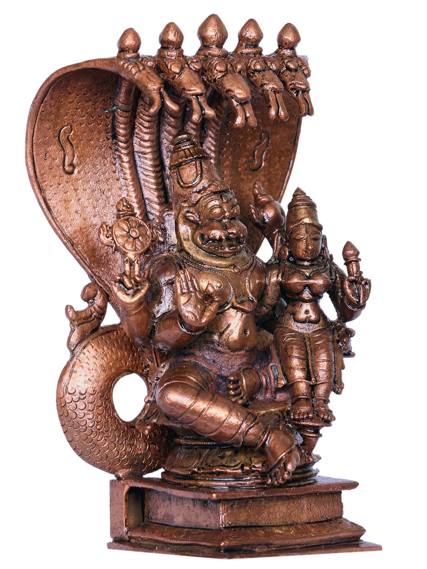 6" Bronze Narasimha Atarara Of Lord Vishnu With Devi Lakshmi Seated On Sheshnag Throne