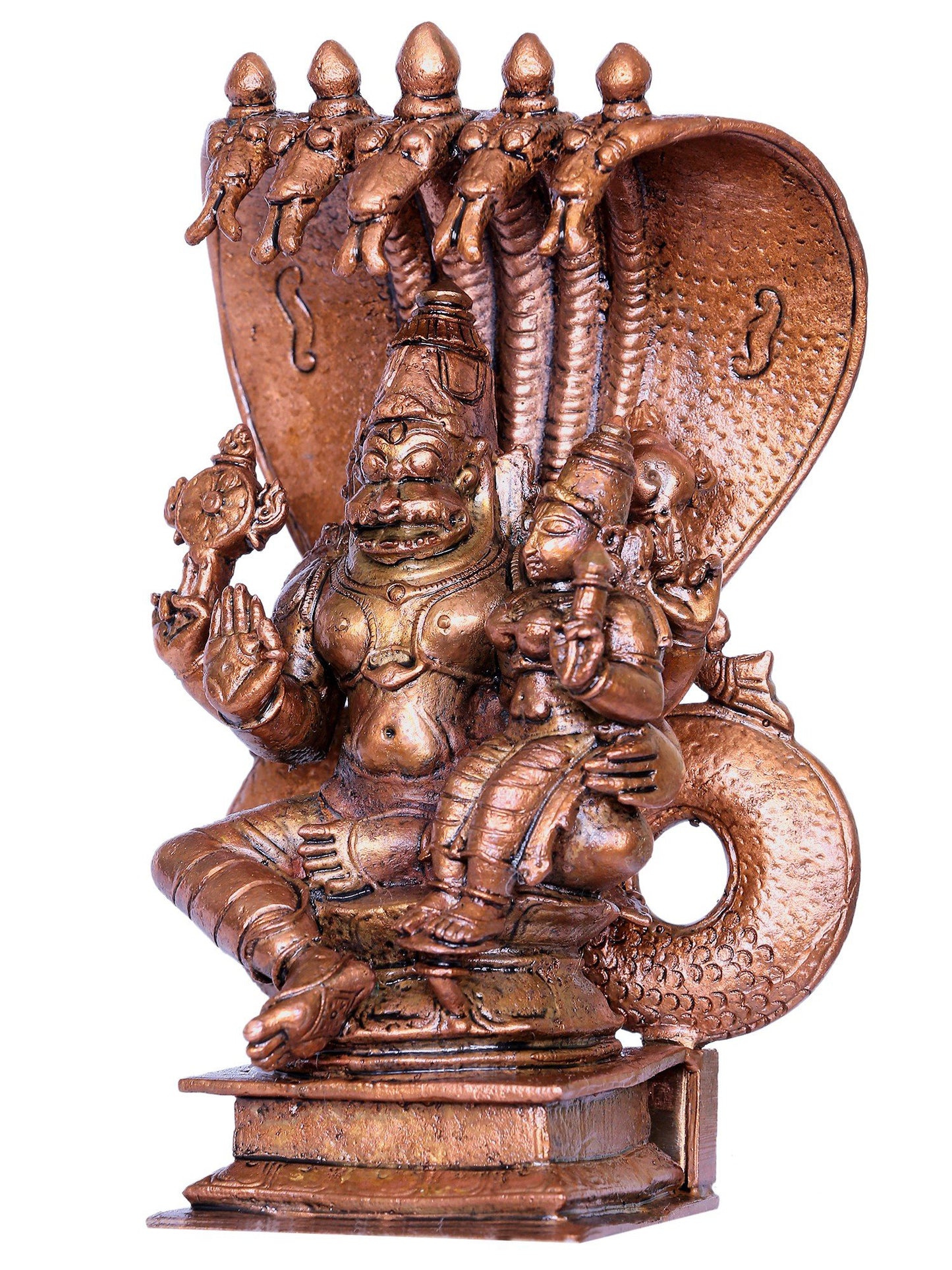 6" Bronze Narasimha Atarara Of Lord Vishnu With Devi Lakshmi Seated On Sheshnag Throne