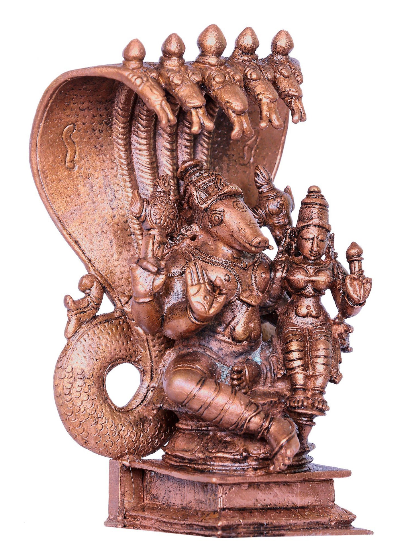 6" Varaha Form Of Lord Vishnu Bronze Statue With Devi Lakshmi Seated On Sheshnag Throne