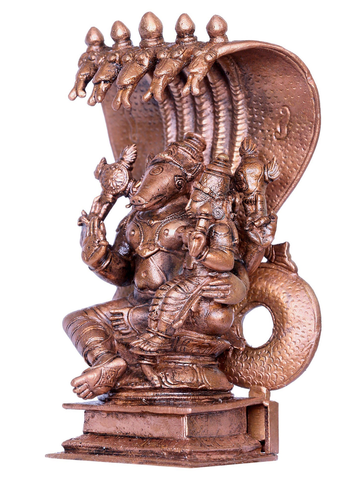 6" Varaha Form Of Lord Vishnu Bronze Statue With Devi Lakshmi Seated On Sheshnag Throne