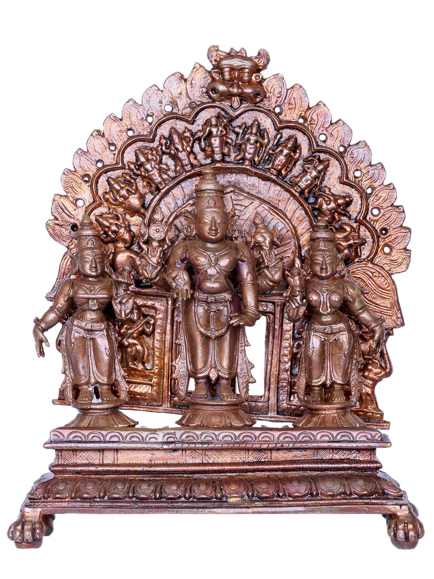 7" Lord Vishnu Bronze Idol With Sridevi And Bhudevi With Dashavatara Arch | Bronze Statue