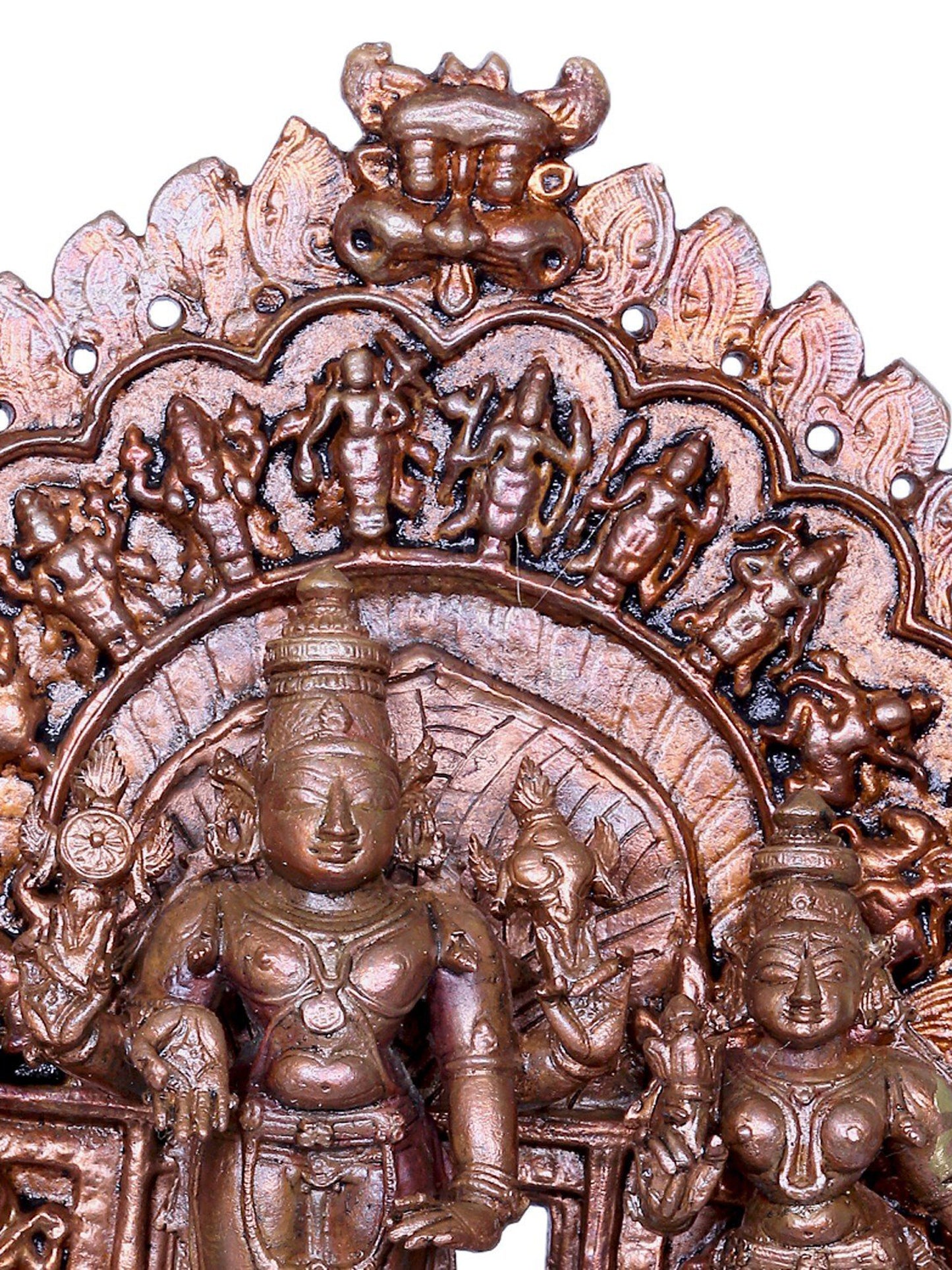 7" Lord Vishnu Bronze Idol With Sridevi And Bhudevi With Dashavatara Arch | Bronze Statue