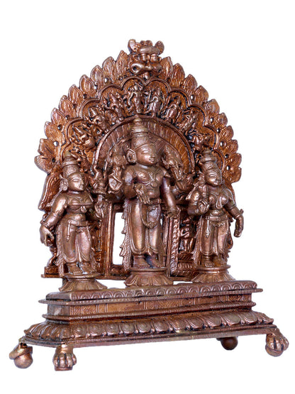 7" Lord Vishnu Bronze Idol With Sridevi And Bhudevi With Dashavatara Arch | Bronze Statue