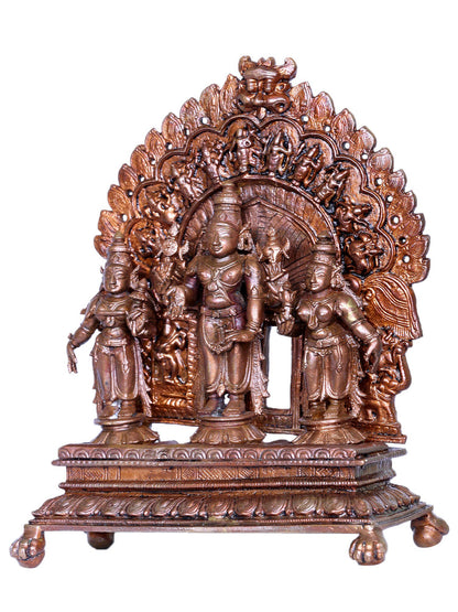 7" Lord Vishnu Bronze Idol With Sridevi And Bhudevi With Dashavatara Arch | Bronze Statue