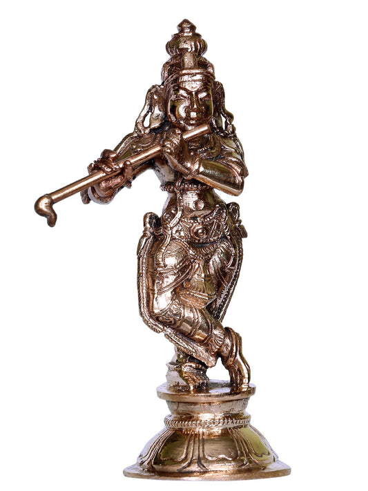 4'' Hindu God Shri Krishna Playing Flute | Handmade Idol | Bronze Lord Krishna Statue