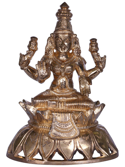 6'' Hindu Deity Four Handed Lakshmi Idol Seated On Lotus | Goddess Bronze Statue