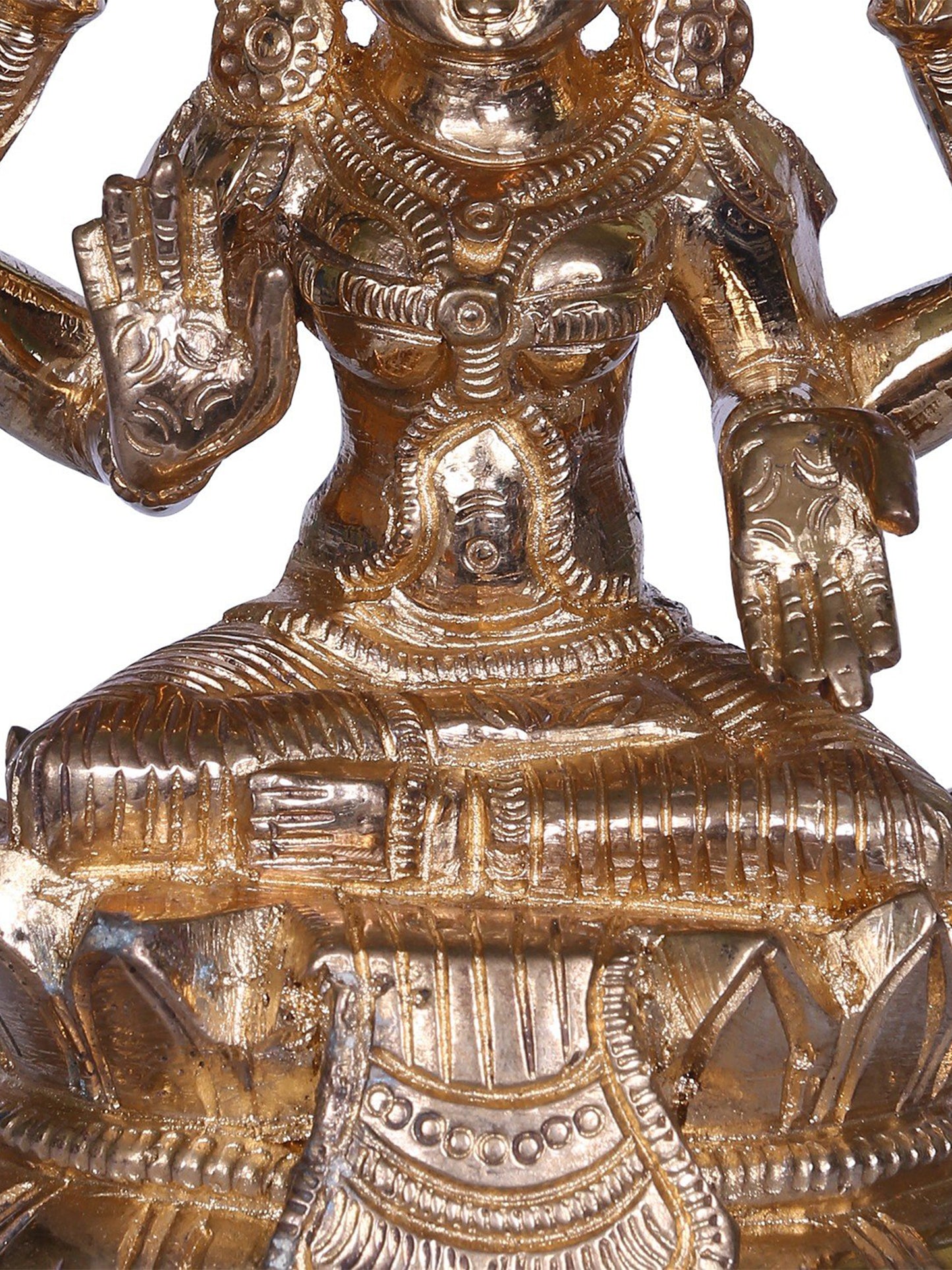 6'' Hindu Deity Four Handed Lakshmi Idol Seated On Lotus | Goddess Bronze Statue