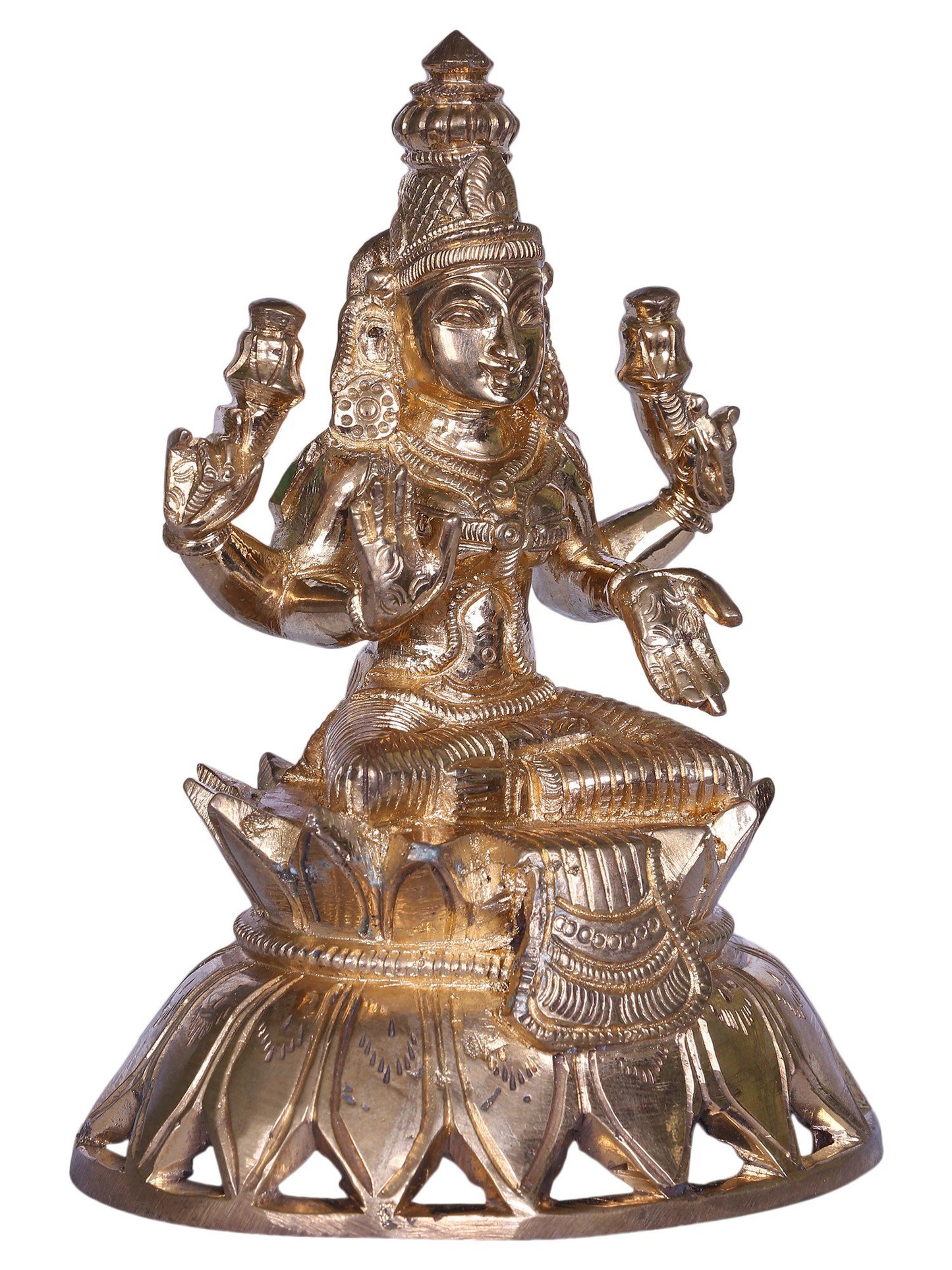 6'' Hindu Deity Four Handed Lakshmi Idol Seated On Lotus | Goddess Bronze Statue