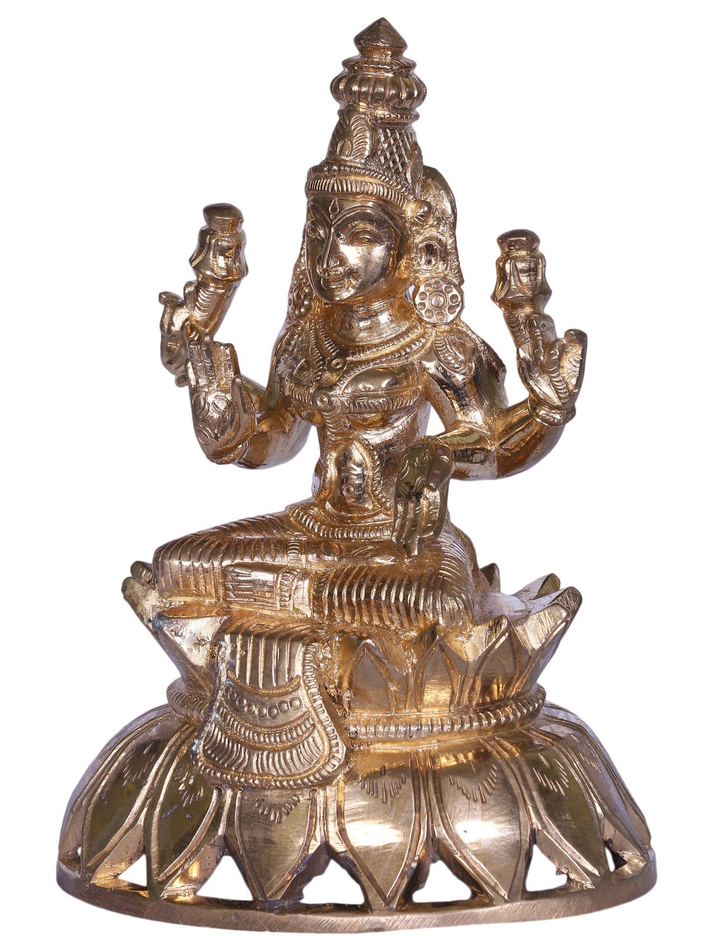 6'' Hindu Deity Four Handed Lakshmi Idol Seated On Lotus | Goddess Bronze Statue