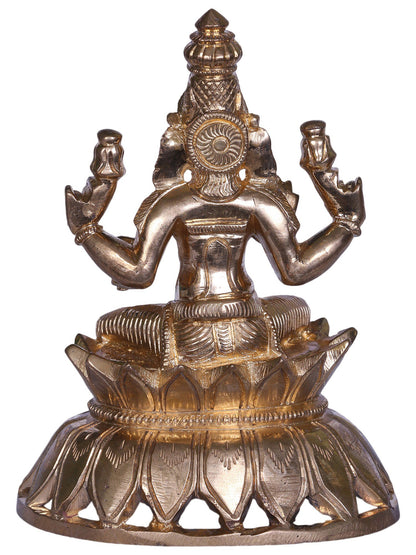 6'' Hindu Deity Four Handed Lakshmi Idol Seated On Lotus | Goddess Bronze Statue