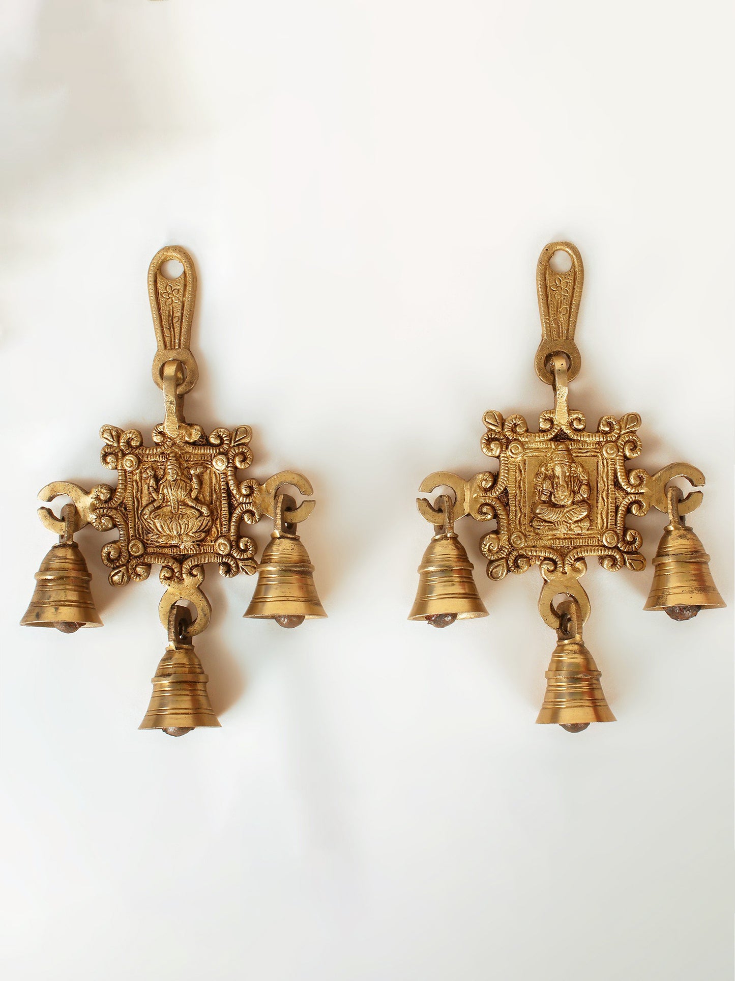 7" Brass Pair Of Lakshmi Ganesha Wall Hanging Bells | Handmade Wall Decor Brass Bell For Temple